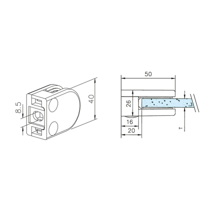 Glasklemme Glashalter Typ 20 - Zinkdruckguss - Chrom-Design - gerade - 6mm