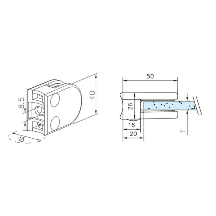 Glasklemme Glashalter Typ 20 - Zinkdruckguss - Messing-Design - für 38,1mm (1,5 Zoll) Rohr - 6mm