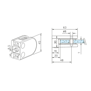 Glasklemme Glashalter Typ 22 - Zinkdruckguss - Edelstahl-Design - gerade - 6mm