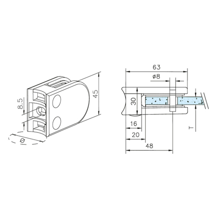 Glasklemme Glashalter Typ 22 - Zinkdruckguss - Edelstahl-Design - für 38,1mm (1,5 Zoll) Rohr - 6mm