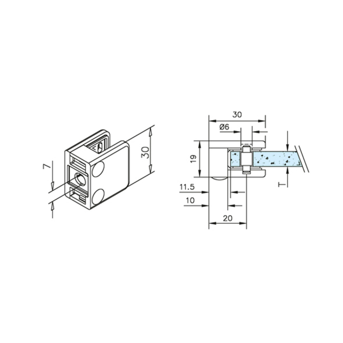 Glasklemme Glashalter Typ 23 - Zinkdruckguss - Edelstahl-Design - gerade - 4mm