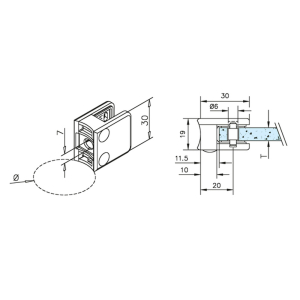 Glasklemme Glashalter Typ 23 - Zinkdruckguss - Edelstahl-Design - für 25,4mm (1 Zoll) Rohr - 4mm