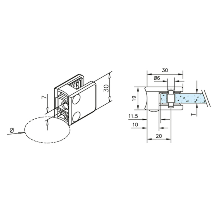 Glasklemme Glashalter Typ 23 - Zinkdruckguss - Messing-Design - für 25,4mm (1 Zoll) Rohr - 4mm
