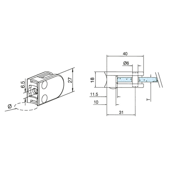 Glasklemme Glashalter Typ 27 - Zinkdruckguss - Chrom-Design - für 25,4mm (1 Zoll) Rohr - 6mm