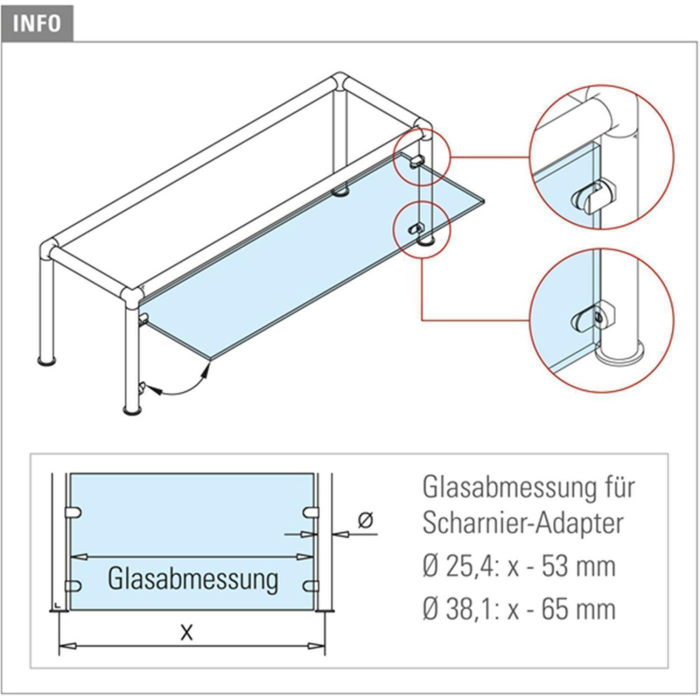 Glasbefestigungsadapter Glasadapter Anschlagadapter - flach - Messing-Design