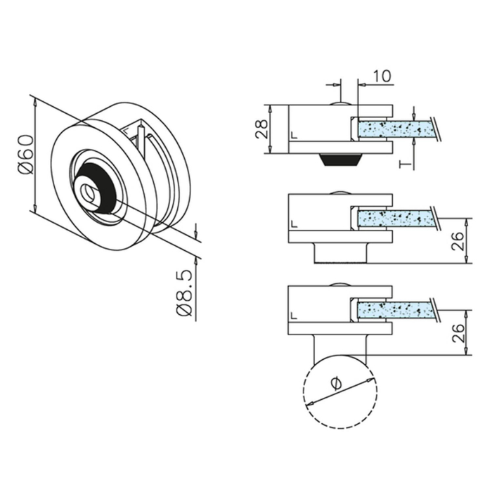 Glasklemme Glashalter rund Typ 44 - Zinkdruckguss - Edelstahl-Design - 10,76mm