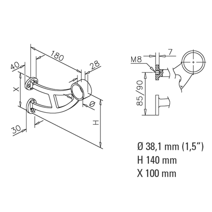 Fußlaufstütze Handlaufstütze - Style 102 - 38,1mm (1,5 Zoll) - Messing-Design