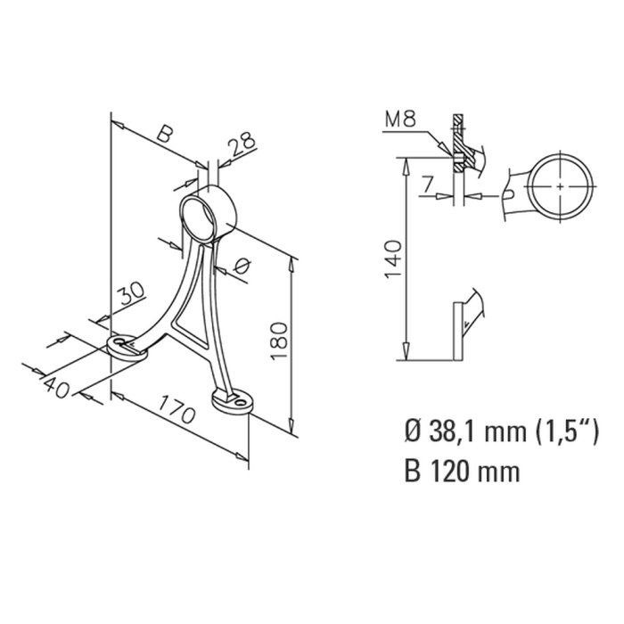Fußlaufstütze Handlaufstütze - Style 103 - 38,1mm (1,5 Zoll) - Messing Design