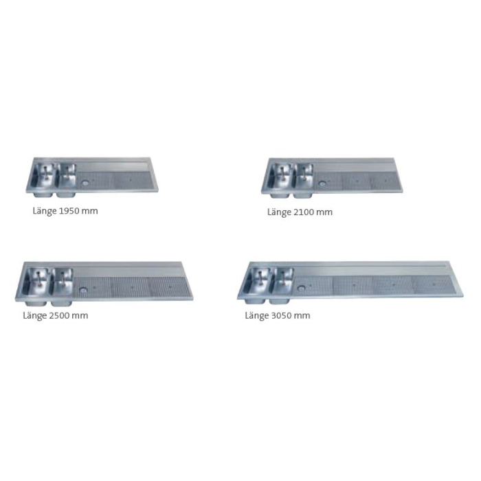 Thekenabdeckung Prismenlochplatte Wulstrand 2 Becken links mit Gläserdruckspüler 2100mm