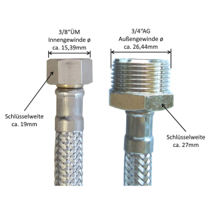 Panzerschlauch Flexschlauch Sanitärschlauch DN8 10cm 3/8 Zoll IG auf 3/4 Zoll AG